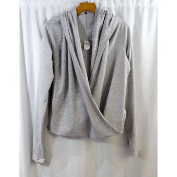 Zyia Active Womens Grey Wrap Twist Front Hooded Pullover Yoga Shawl Top L - Picture 2 of 8